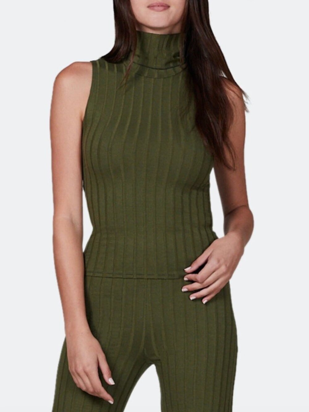 LETT Moss Green Orly Ribbed Turtleneck Sleeveless and Cropped Pant Set NWT